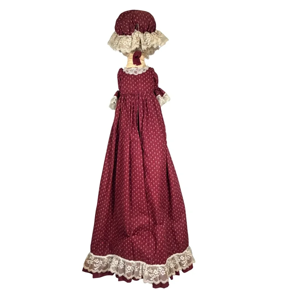 VTG 70s Grandmother Cloth Doll Burgundy Calico Bag Holder Handmade Hanging Decor